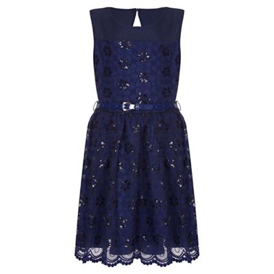 navy Flower Embroidered Prom Dress